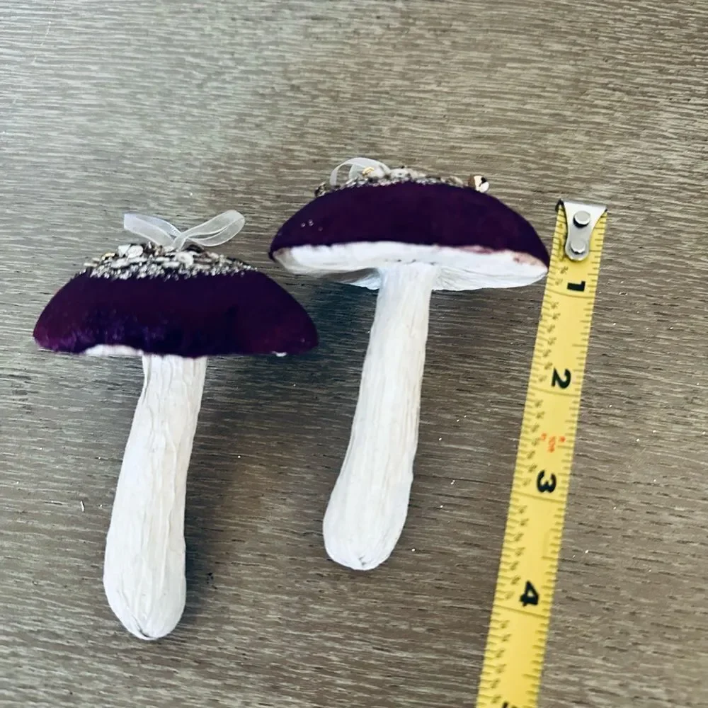 Maroon Red Velvet Gold Sequin Mushroom Holiday Christmas Ornaments Set